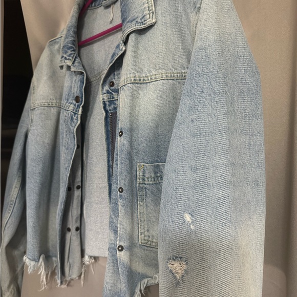 Free People Distressed Light Blue Jean Jacket - Picture 3 of 4